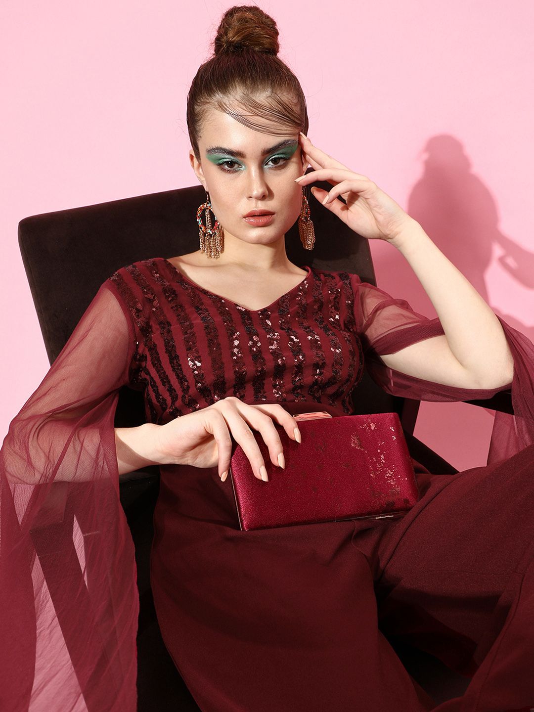 Athena Maroon Cape Sleeves Basic Jumpsuit with Embellished Price in India