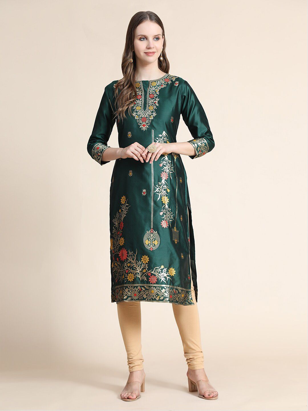 KALINI Women Green & Silver-Toned Woven Design Silk Kurta