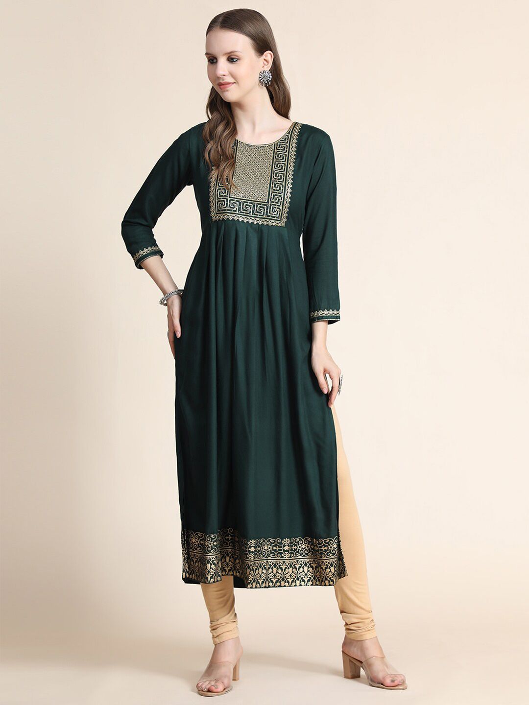 KALINI Women Green Ethnic Motifs Embroidered Thread Work Kurta
