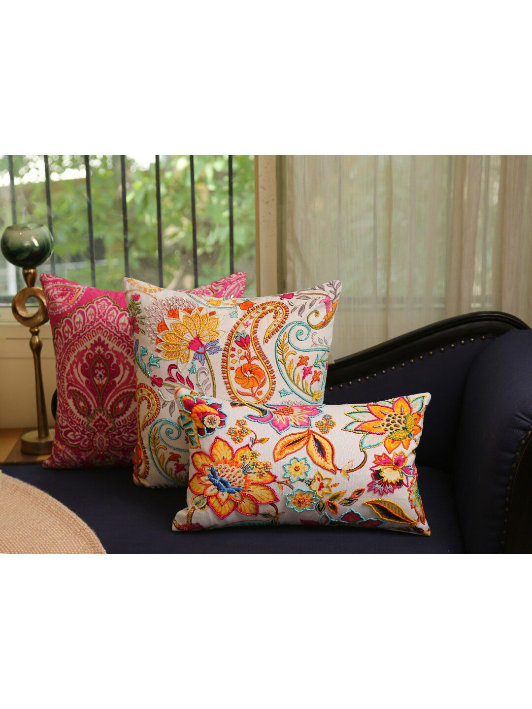 Amoliconcepts Off White & Orange Floral Rectangle Cushion Covers Price in India