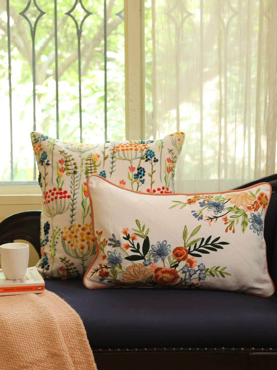Amoliconcepts Off White & Blue Floral Square Cushion Covers Price in India