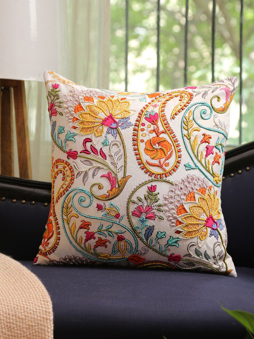 Amoliconcepts Off White & Yellow Ethnic Motifs Square Cushion Covers Price in India