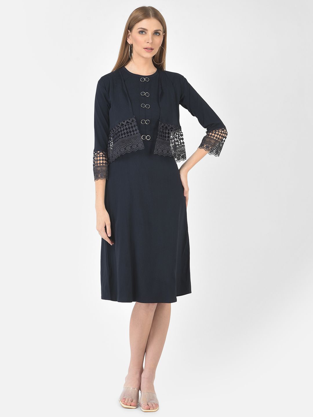 FNOCKS Women Navy Blue A-Line Dress With Jacket Price in India