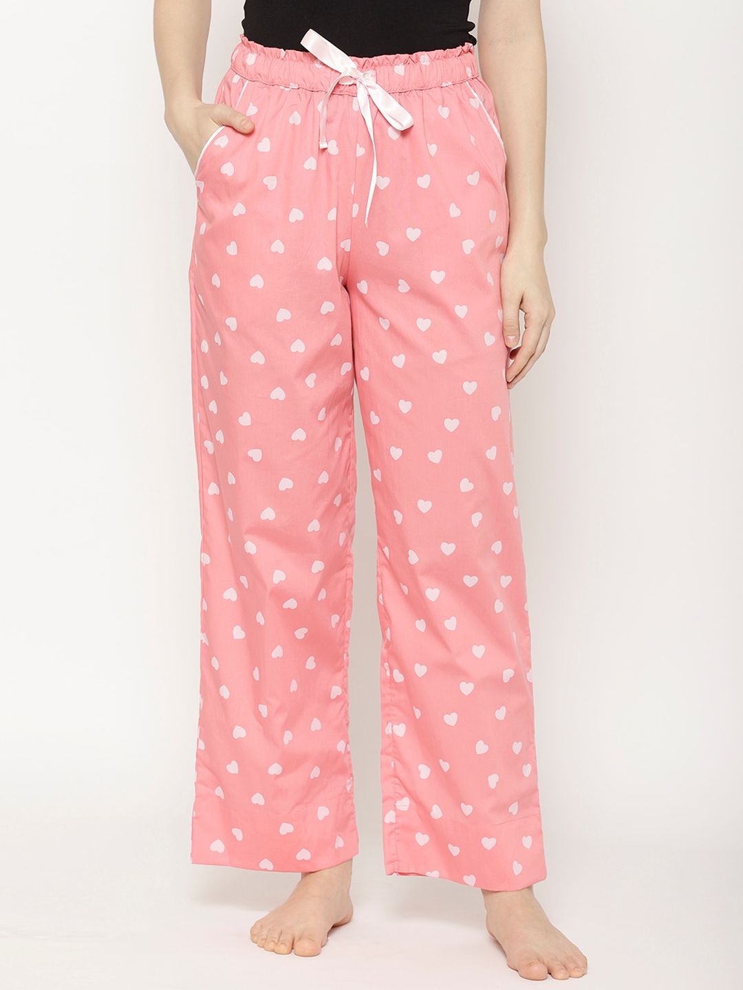 COASTLAND Women Pink & White Printed Pure Cotton Lounge Pants Price in India