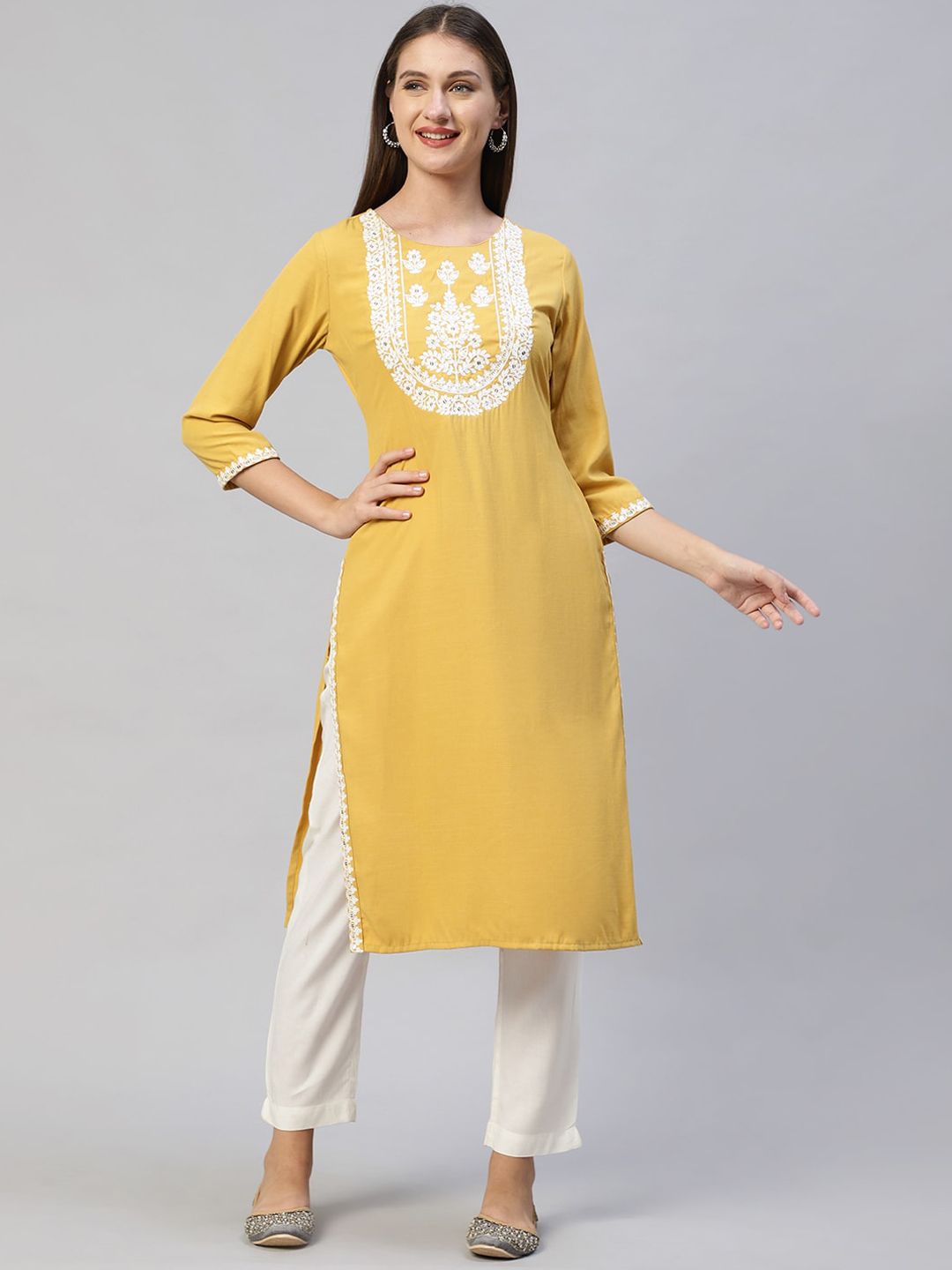 FASHOR Women Yellow Yoke Design Thread Work Kurta Price in India