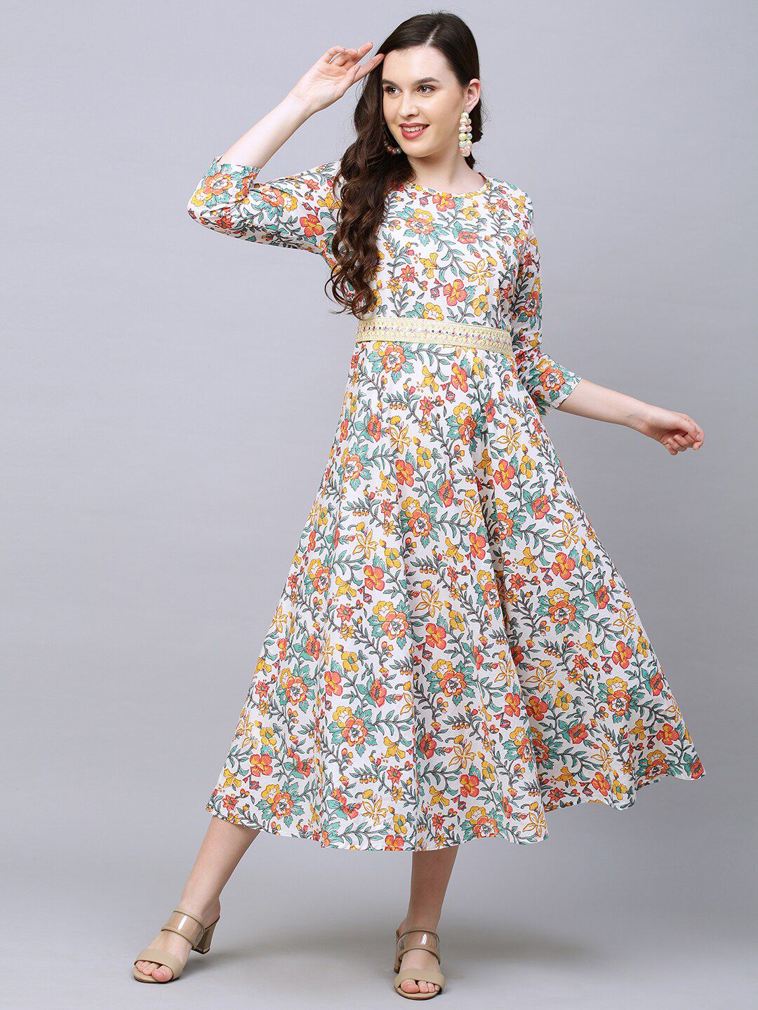FASHOR Women Multicolored Floral Printed Fit & Flare Midi Dress Price in India