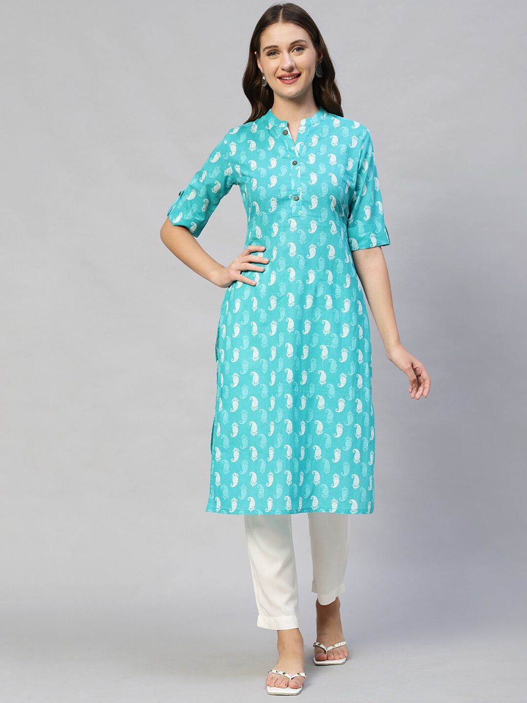 FASHOR Women Turquoise Blue Geometric Printed Kurta Price in India