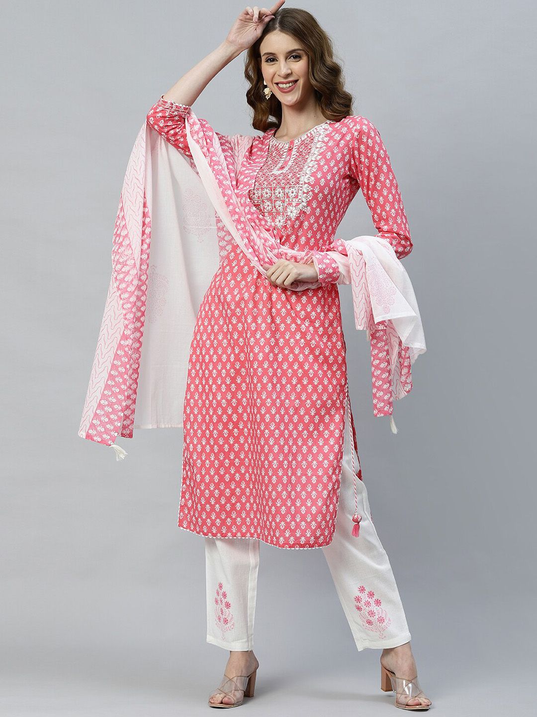 FASHOR Women Pink Printed Thread Work Pure Cotton Kurta with Trousers & With Dupatta Price in India