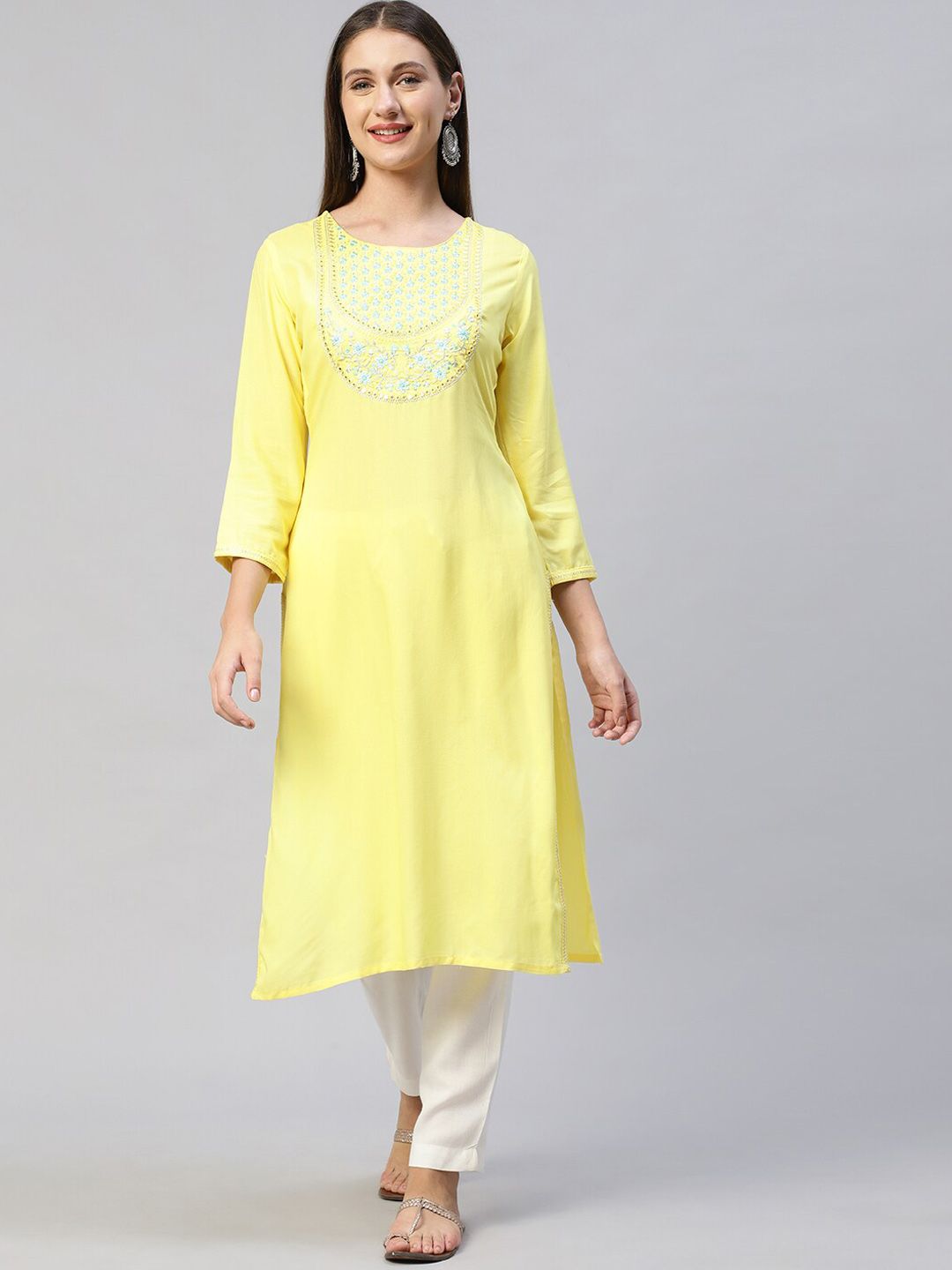FASHOR Women Yellow Yoke Design Thread Work Floral Kurta Price in India