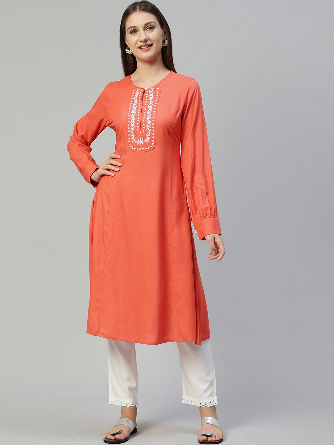 FASHOR Women Peach-Coloured Beads Embroidered Panelled Kurta with Trousers Price in India