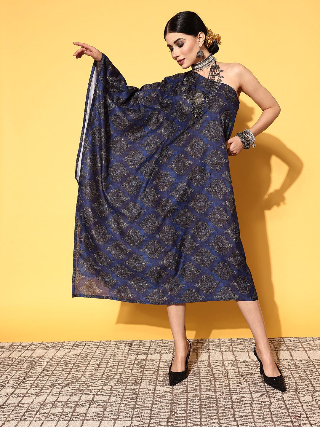 InWeave Blue & Charcoal Grey Printed One Shoulder Kaftan Dress Price in India