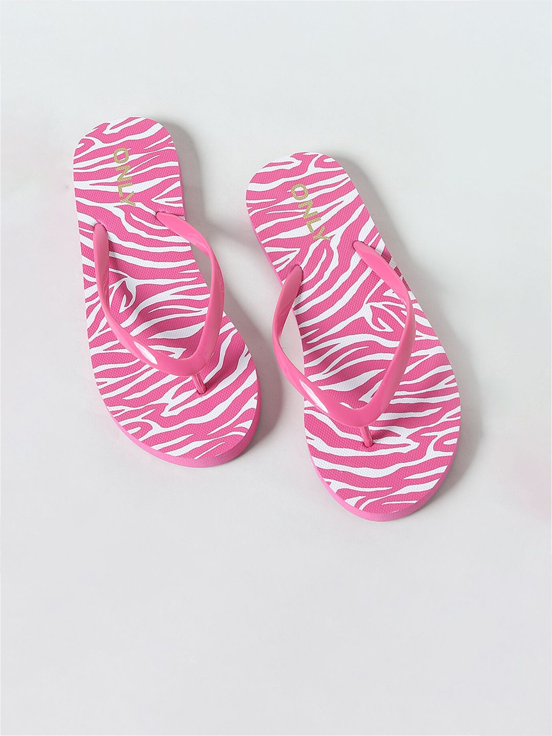 ONLY Women Pink & White Printed Rubber Thong Flip-Flops Price in India