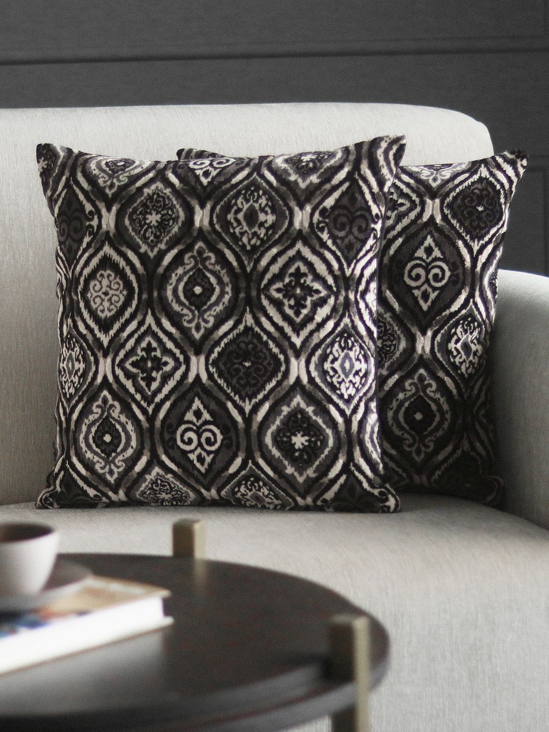 GM Black & Off White Set of 2 Ethnic Motifs Velvet Square Cushion Covers Price in India