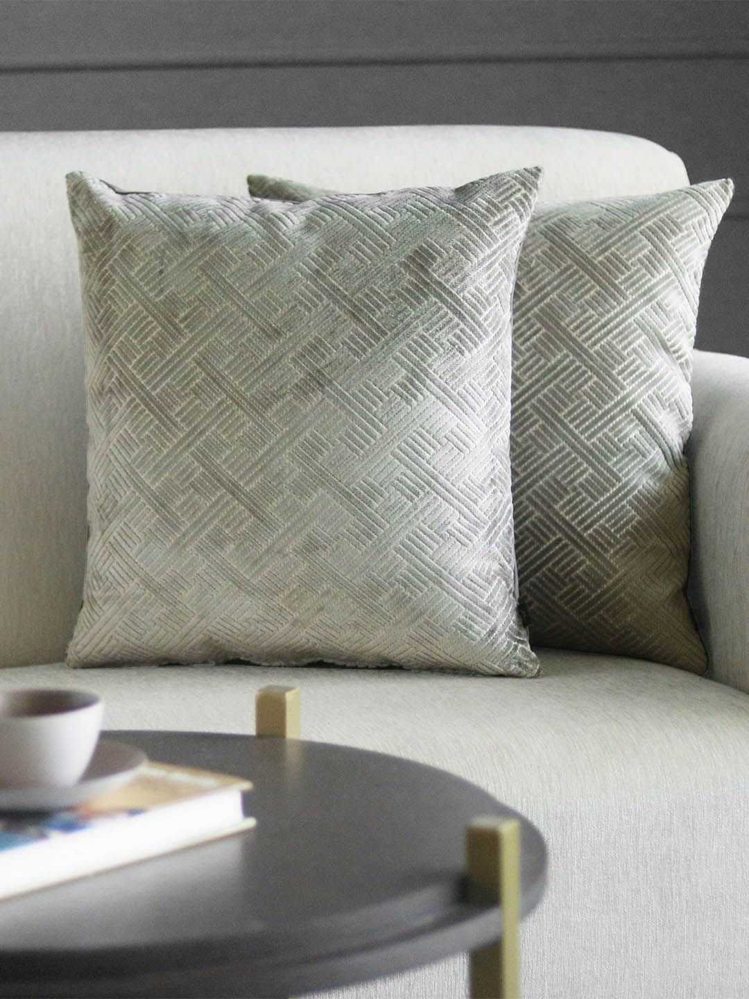 GM Grey Set of 2 Geometric Velvet Square Cushion Covers Price in India