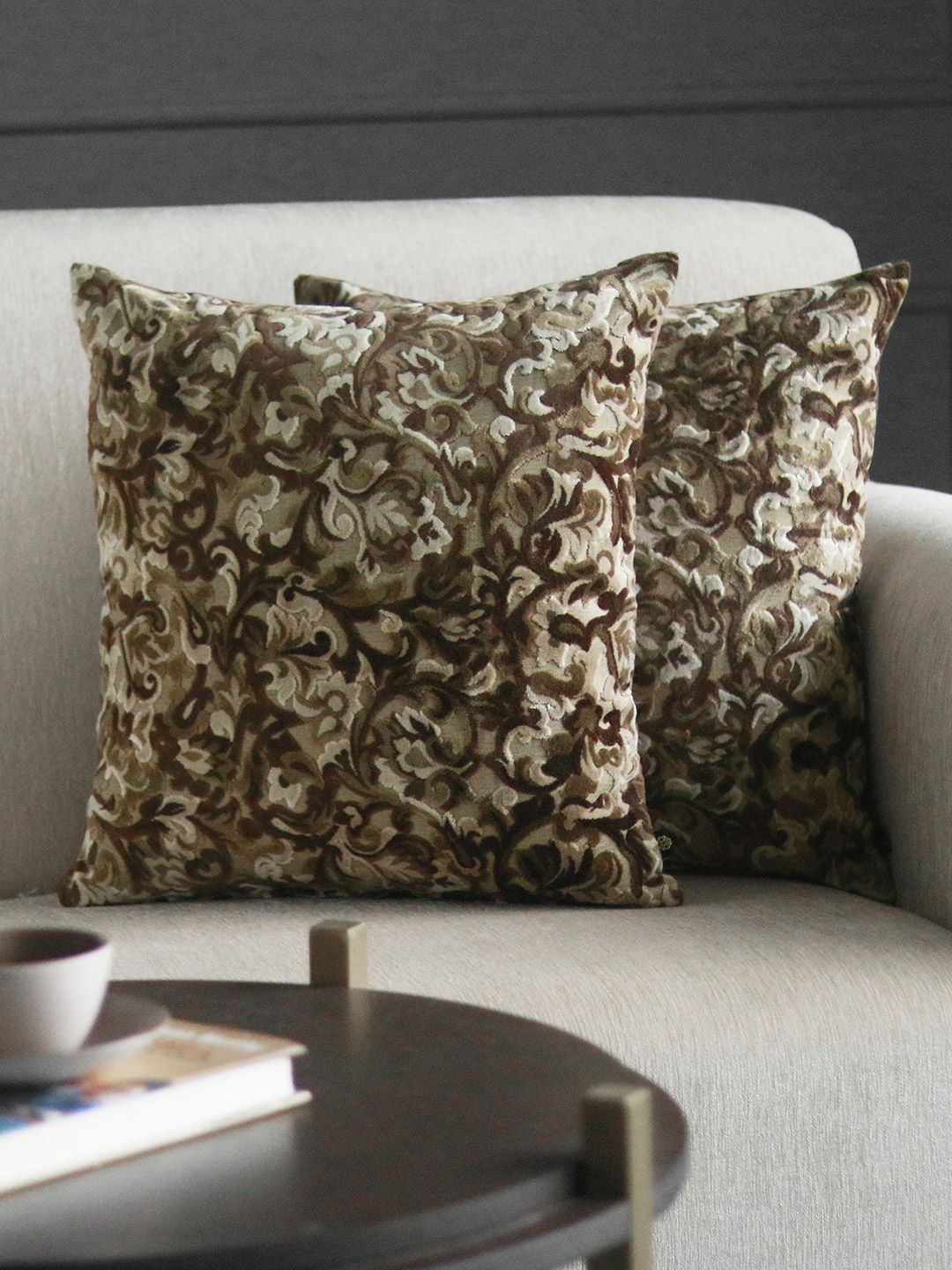 GM Brown & Green Set of 2 Floral Velvet Square Cushion Covers Price in India