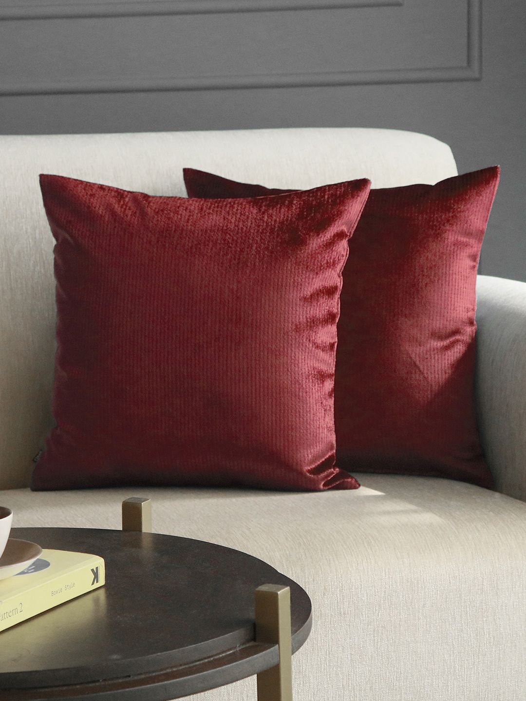 GM Maroon Set of 2 Solid Velvet Square Cushion Covers Price in India