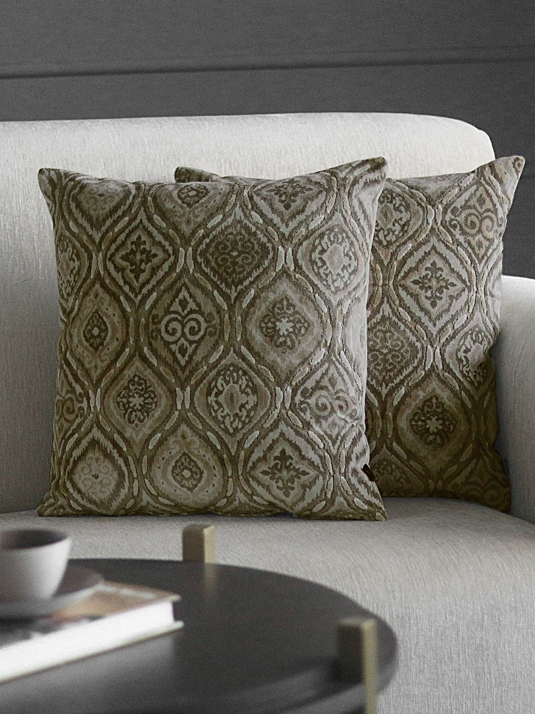 GM Beige & Green Set of 2 Ethnic Motifs Velvet Square Cushion Covers Price in India