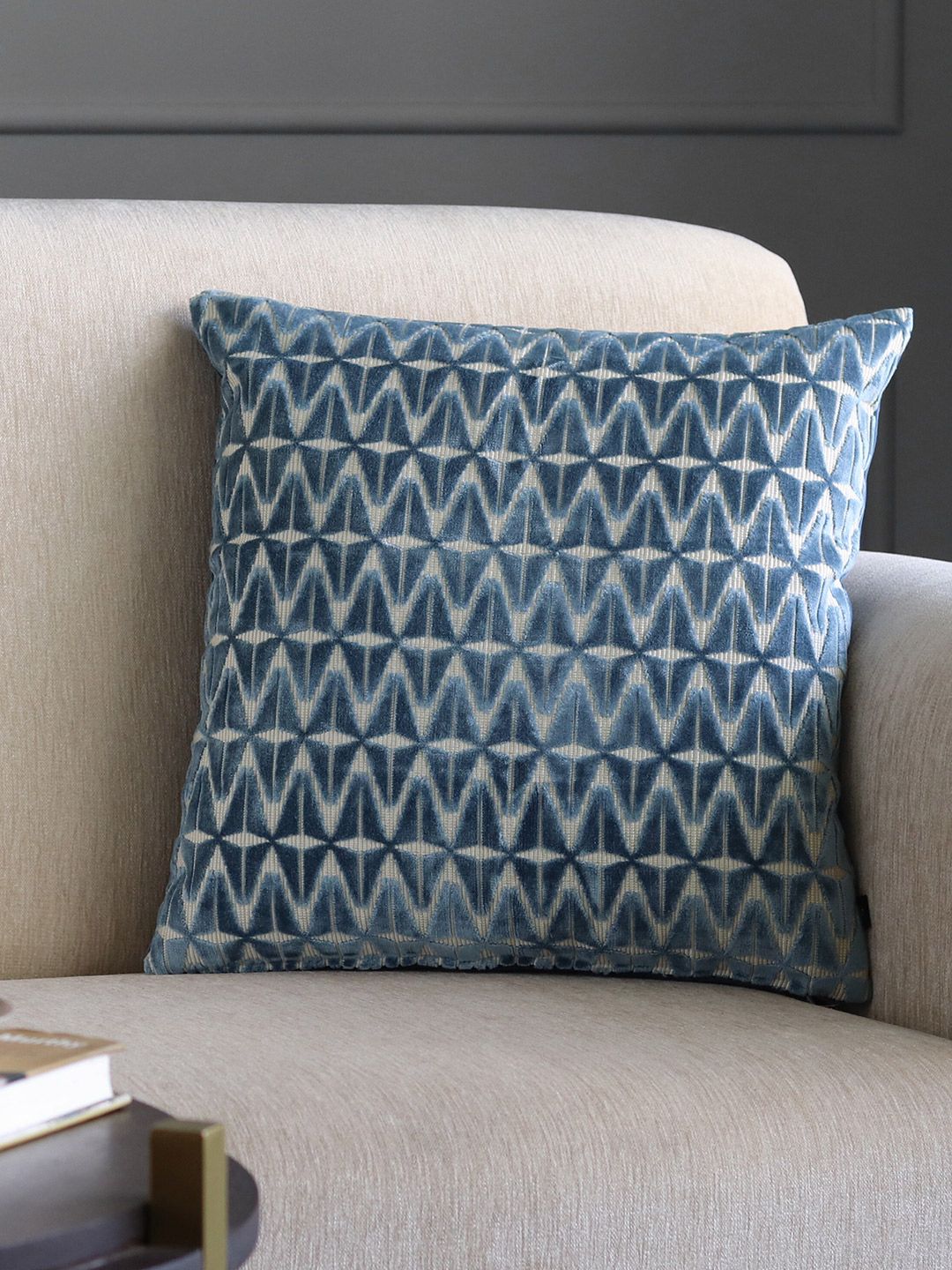 GM Blue & White Geometric Velvet Square Cushion Covers Price in India