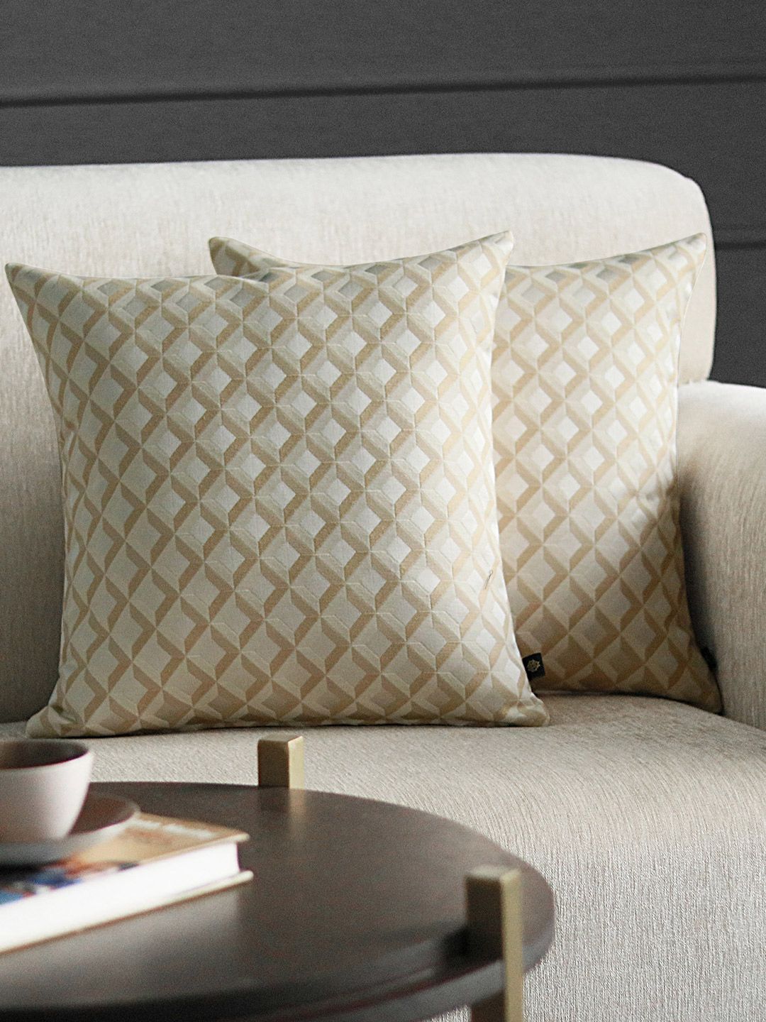 GM Beige & Gold-Toned Set of 2 Geometric Square Cushion Covers Price in India