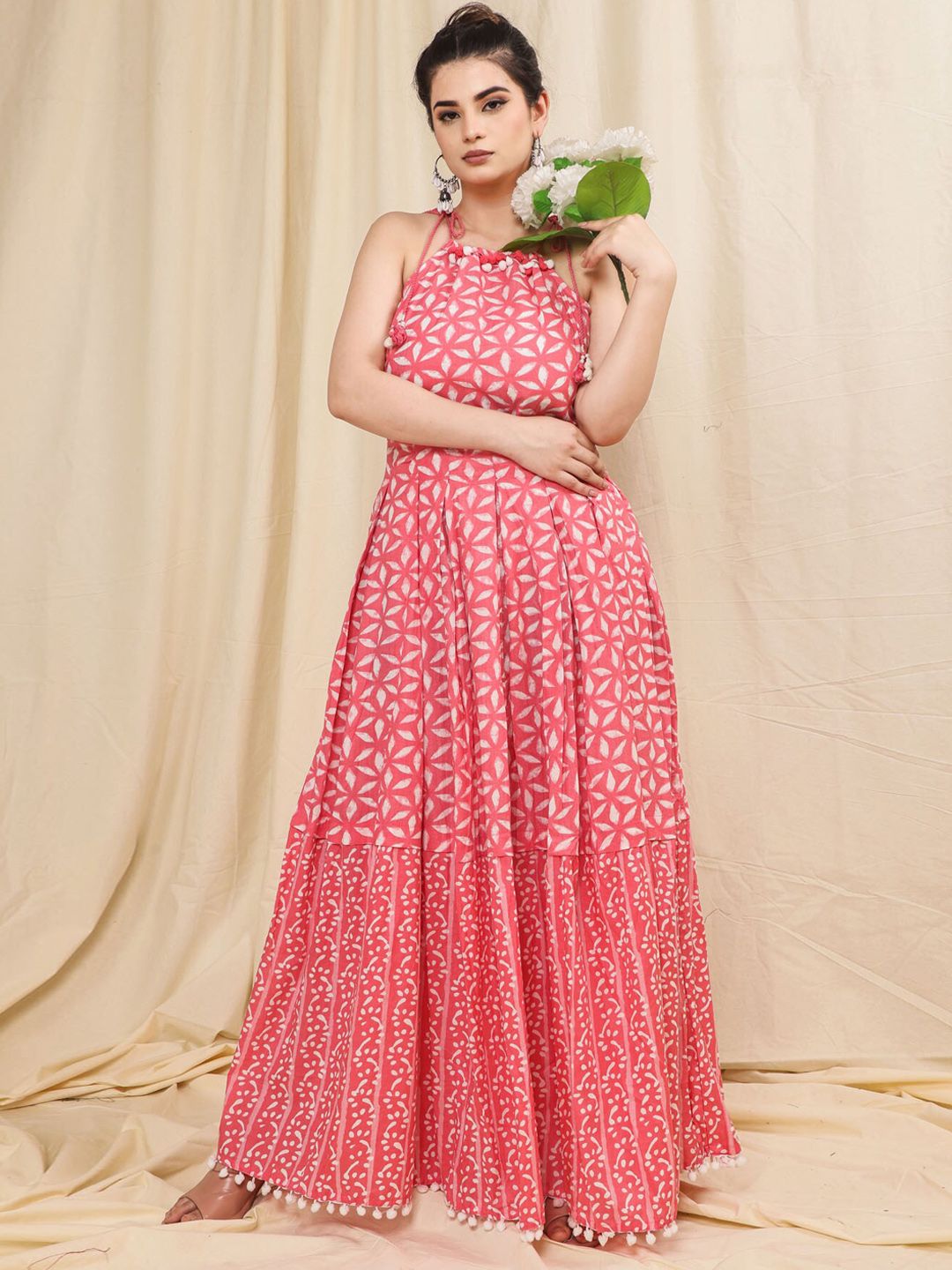 FASHION DWAR Pink & White Tie-Up Neck Ethnic Maxi Dress Price in India