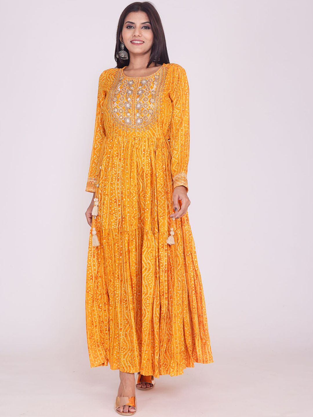 FASHION DWAR Yellow Ethnic Motifs  Embroidered Maxi Dress Price in India