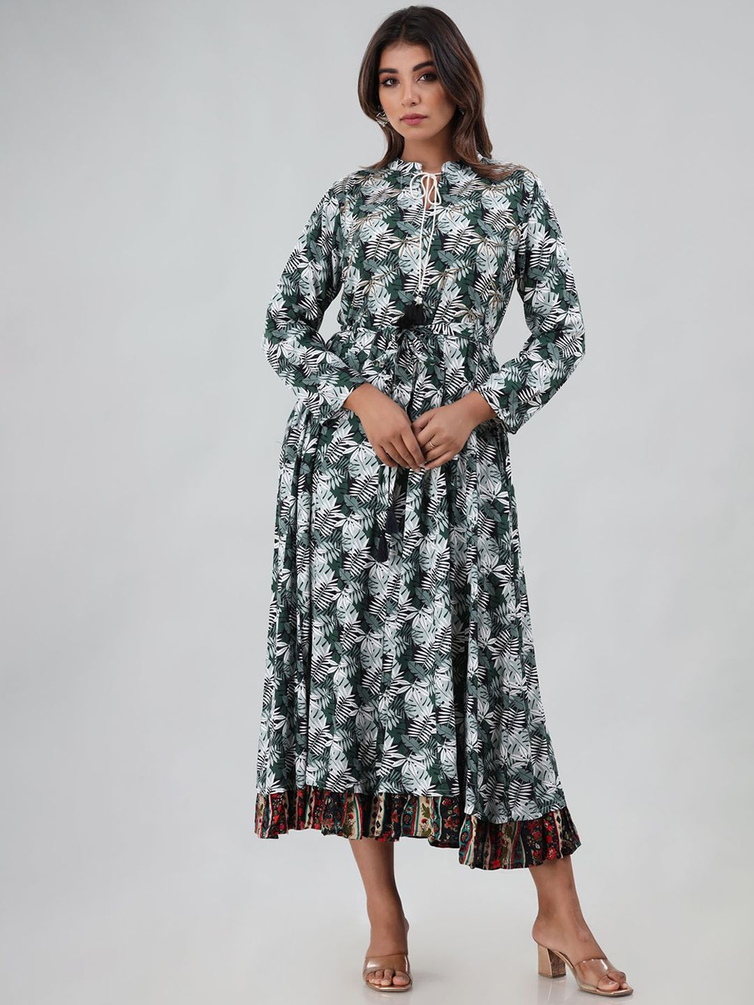 FASHION DWAR Green & White Printed Ethnic Dress Price in India