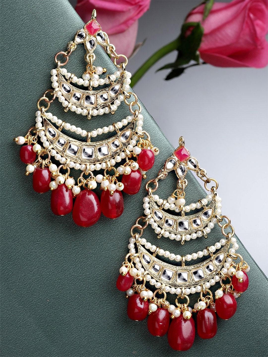 KARATCART Red & Gold-Toned Contemporary Chandbalis Earrings Price in India