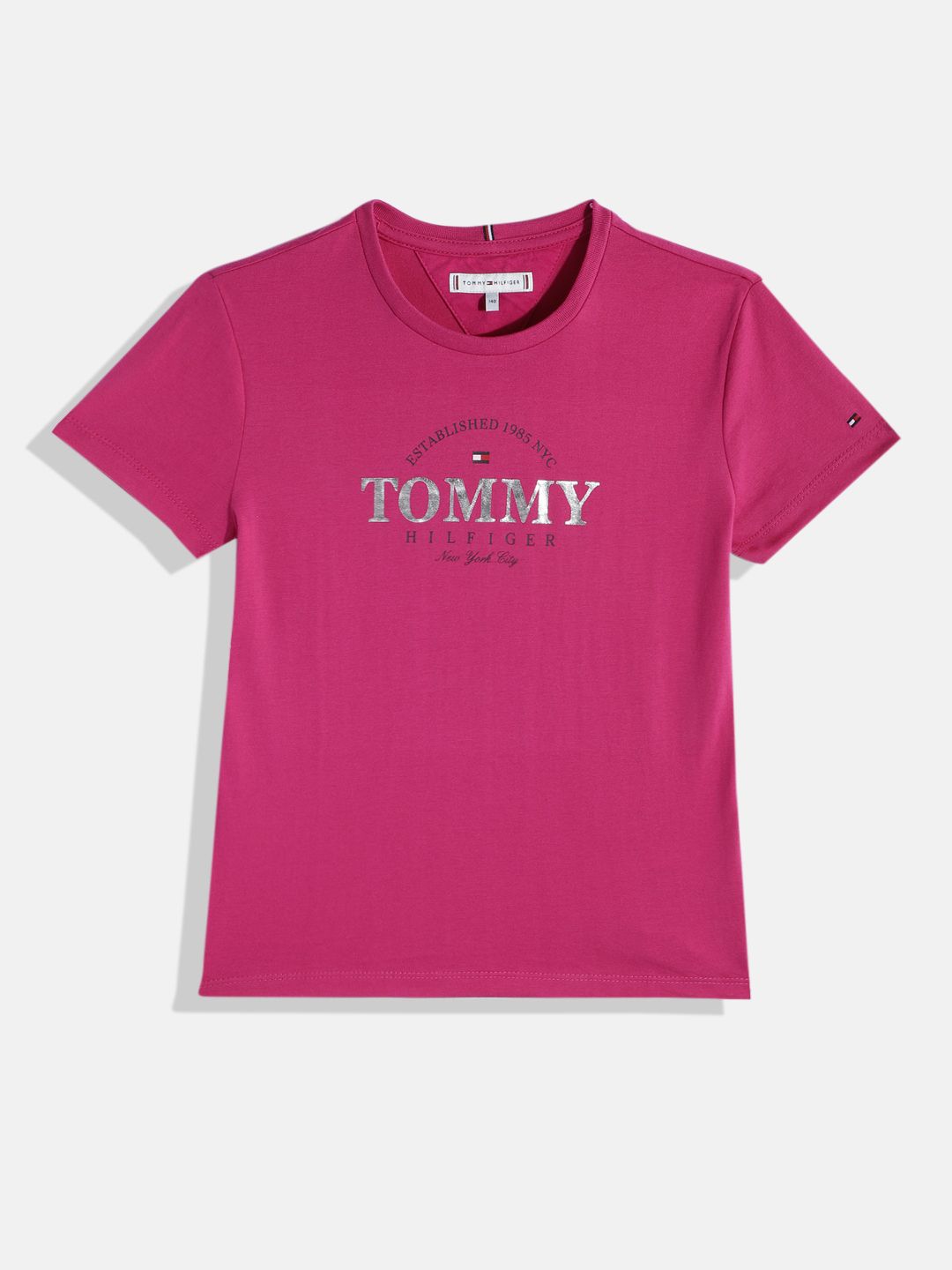 Tommy Hilfiger Girls Magenta Pink Brand Logo Foil Print Round Neck Regular Sleeves Top Price in India