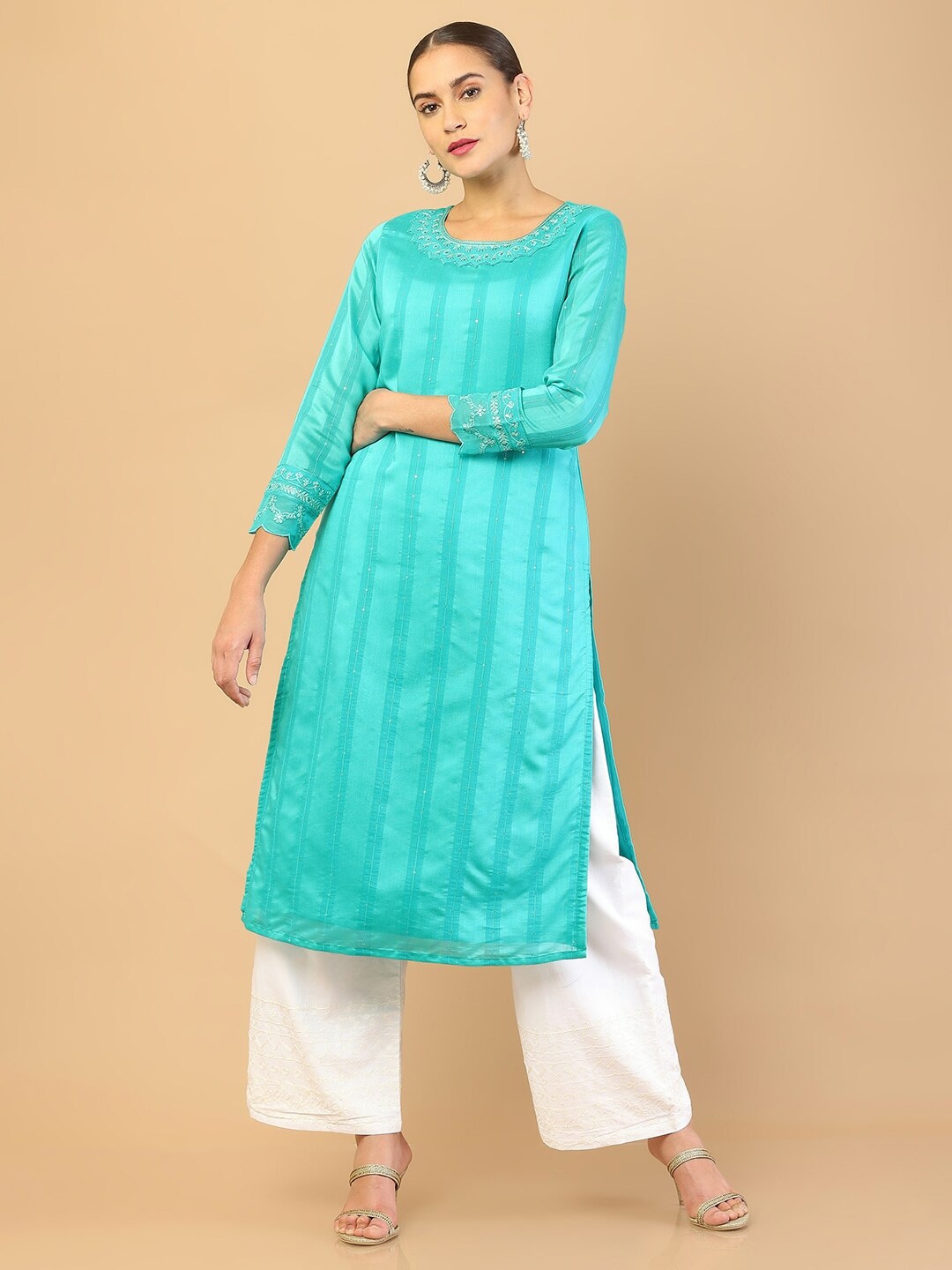 Soch Women Turquoise Blue Striped Thread Work Chanderi Silk A-line Kurta Price in India