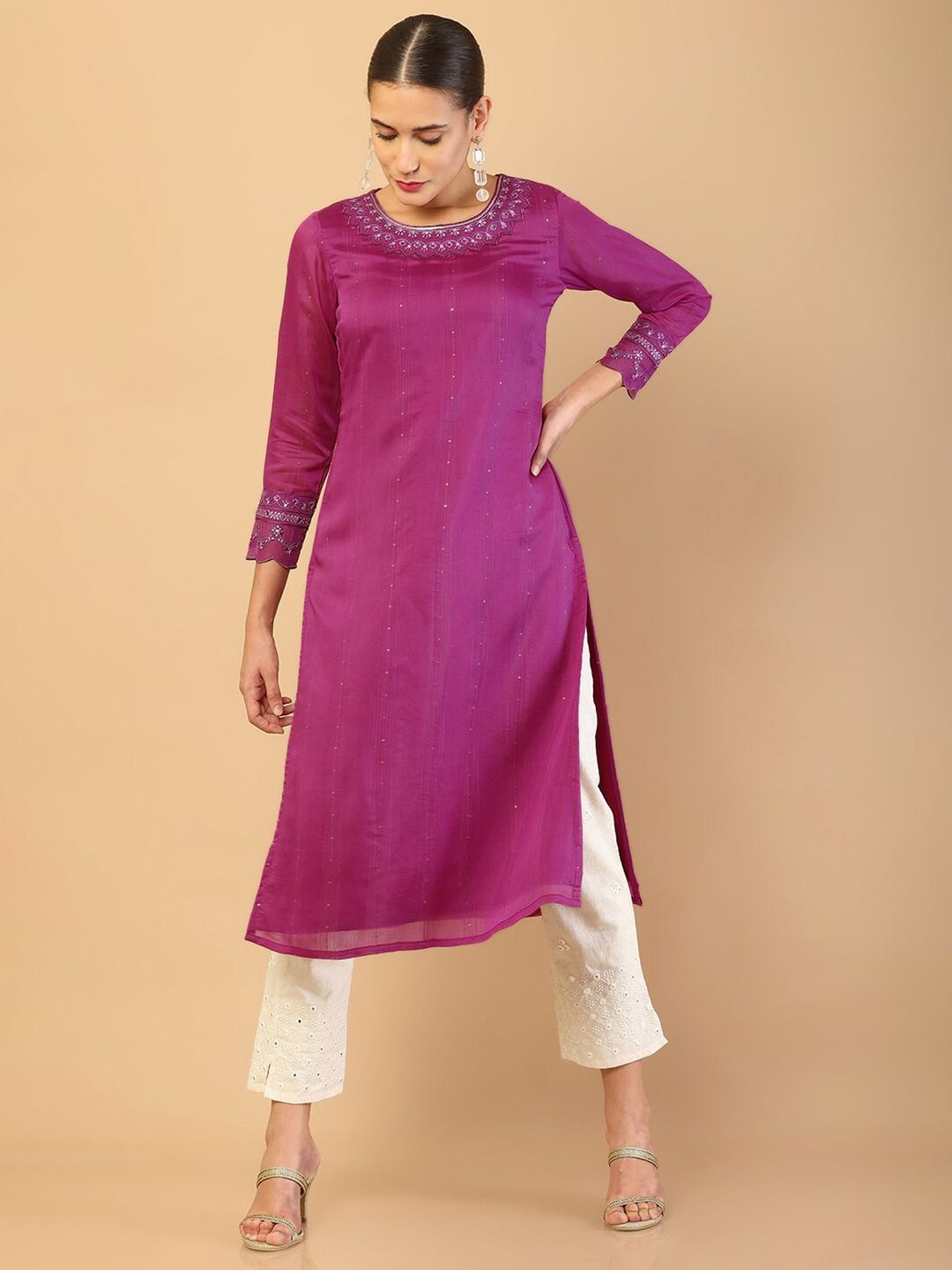 Soch Women Purple Embellished Chanderi Silk Kurta Price in India