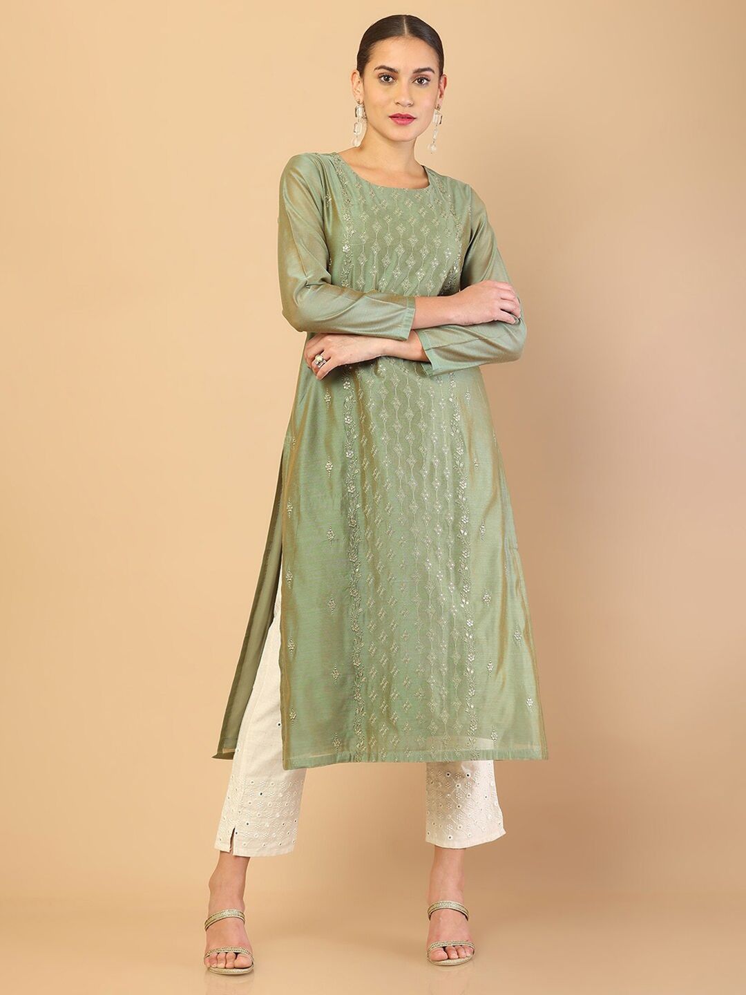 Soch Women Green Ethnic Motifs Embellished Chanderi Silk Straight Kurta Price in India