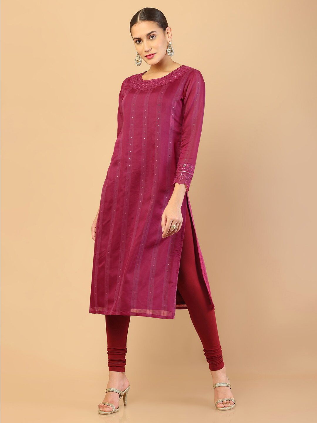 Soch Women Maroon Ethnic Motifs Embroidered Chanderi Silk Kurta