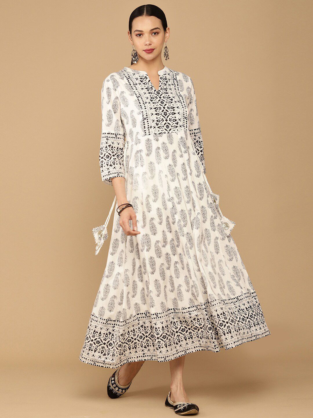 Soch Off White & Black Ethnic Motifs Printed Cotton Ethnic Midi Dress Price in India