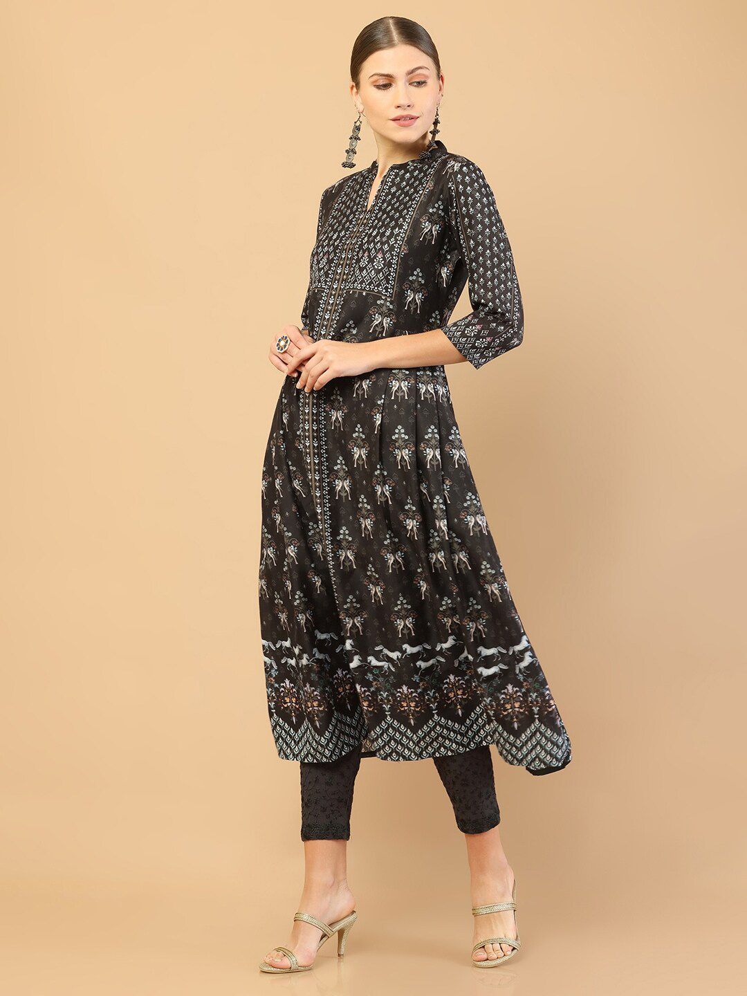 Soch Women Black & White Floral Motifs Printed A-Line Kurta Price in India