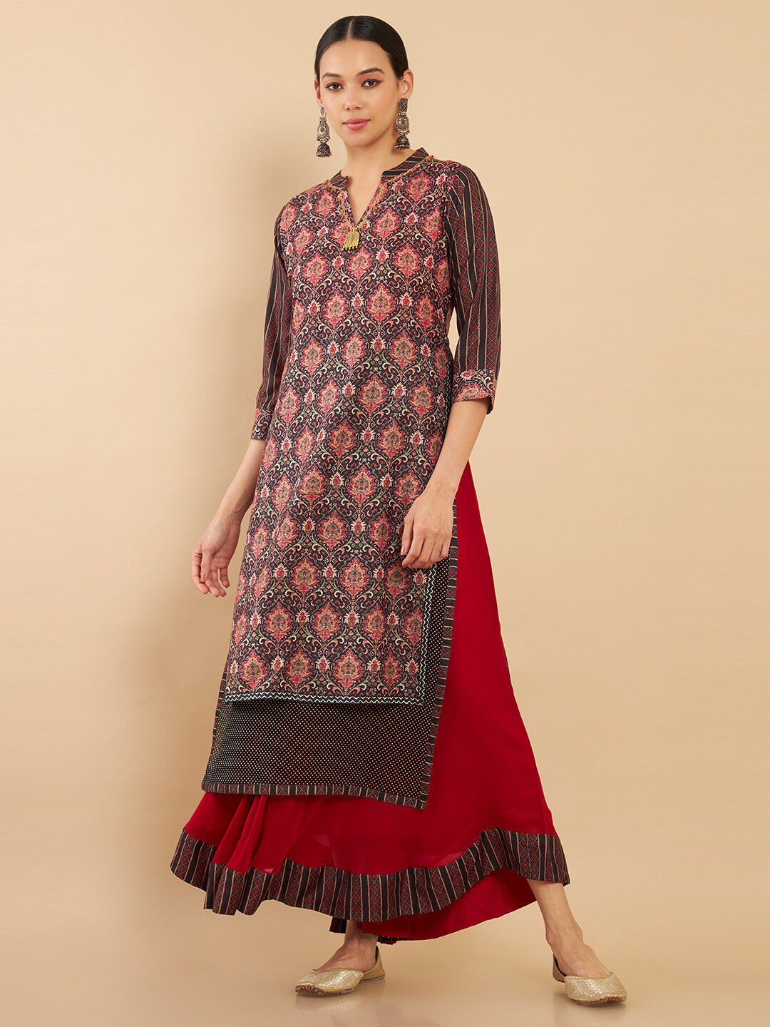 Soch Women Black & Red Ethnic Motifs Printed Kurta Price in India