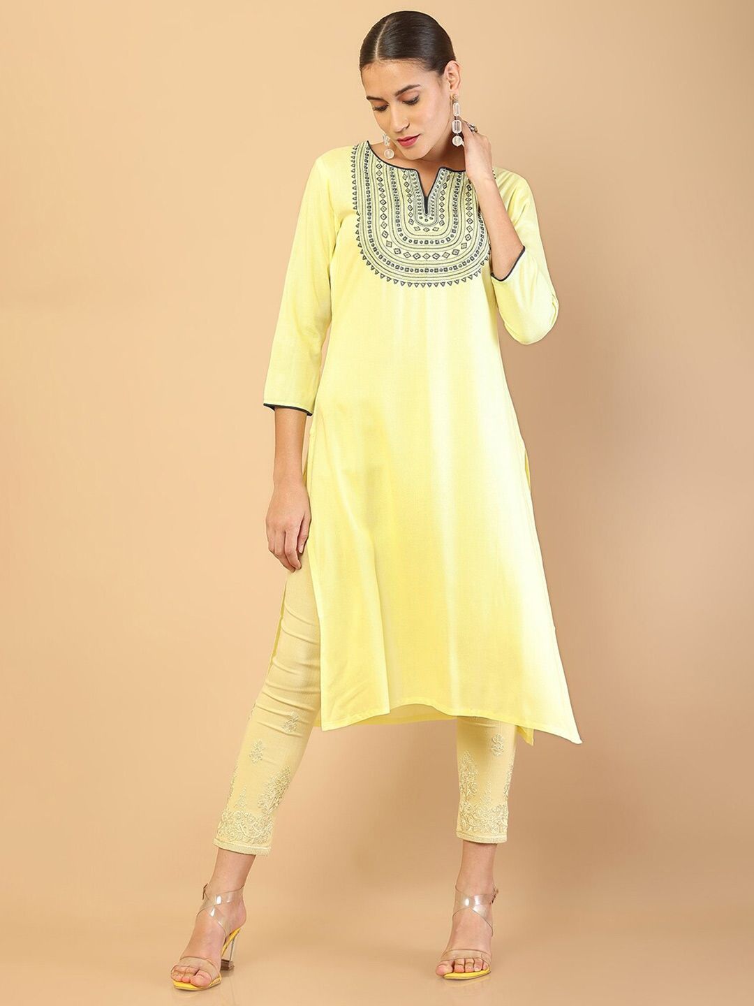 Soch Women Yellow & Blue Yoke Design Kurta Price in India