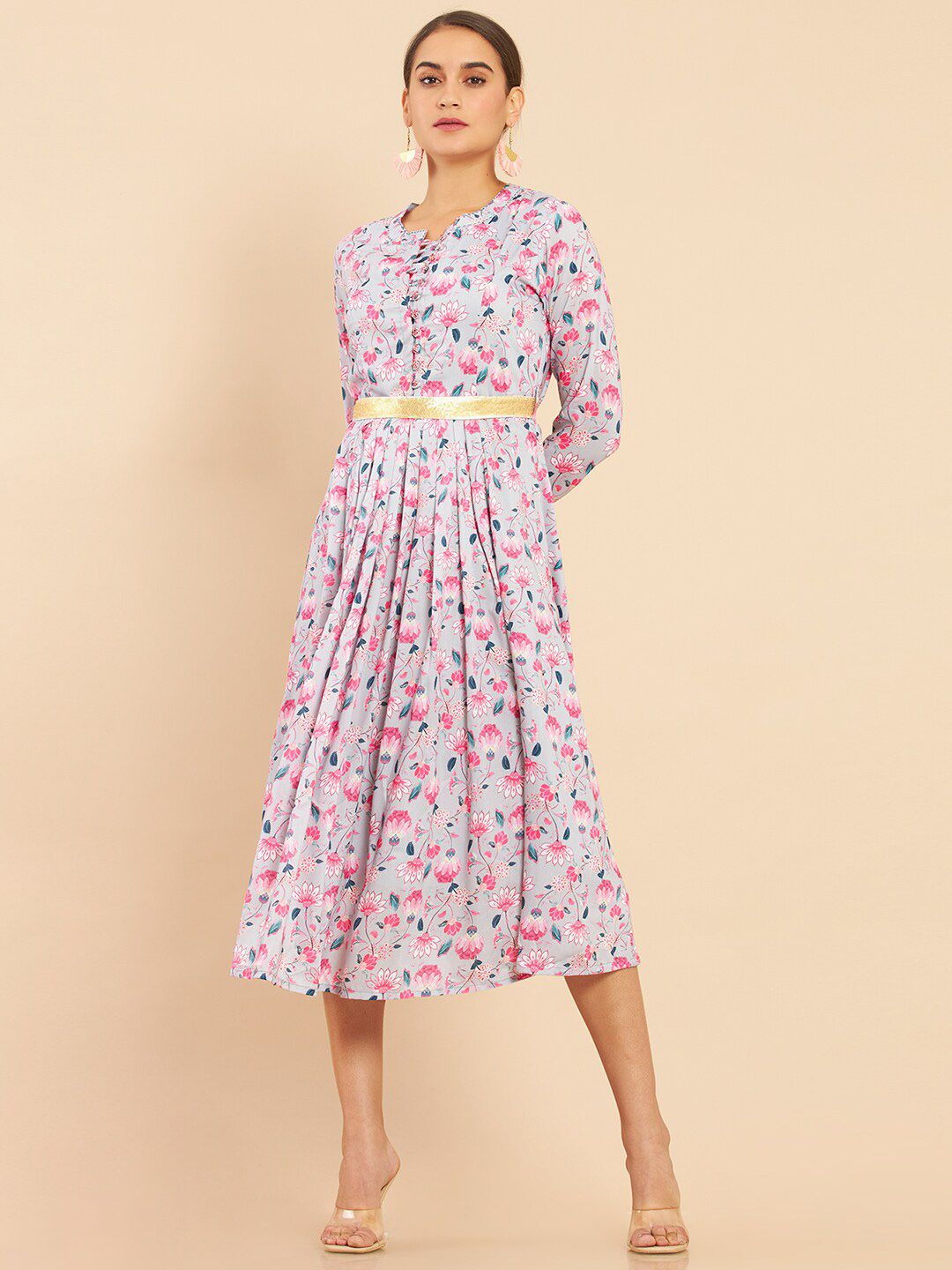 Soch Grey & Pink Floral Empire Midi Dress Price in India