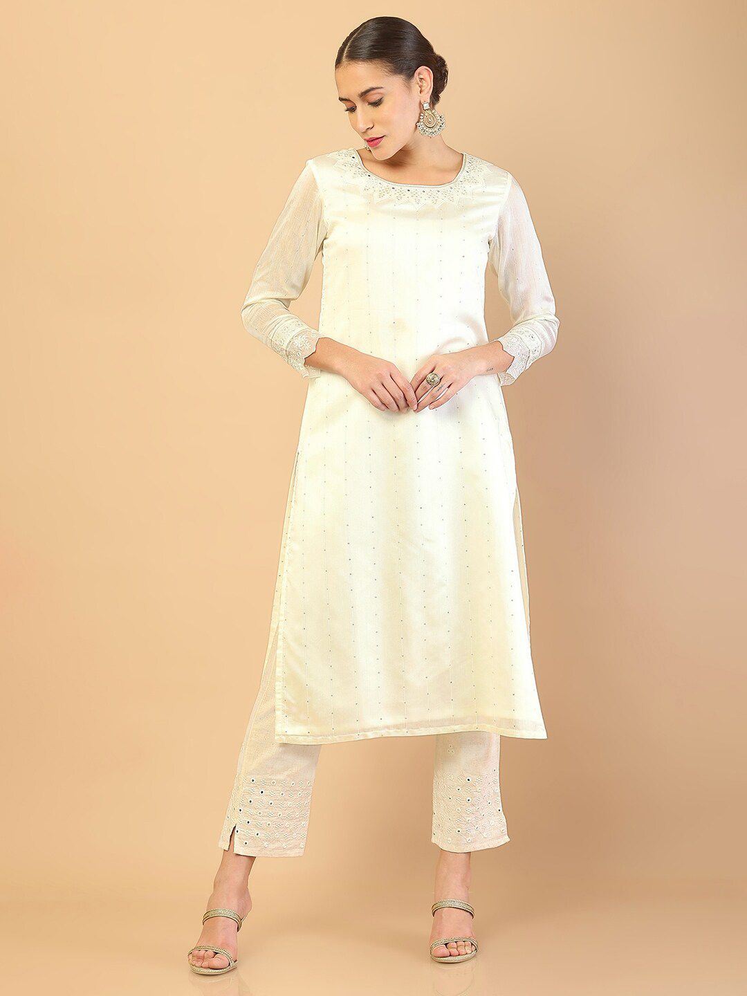 Soch Women Off White & Silver-Toned Embellished Chanderi Silk Kurta Price in India