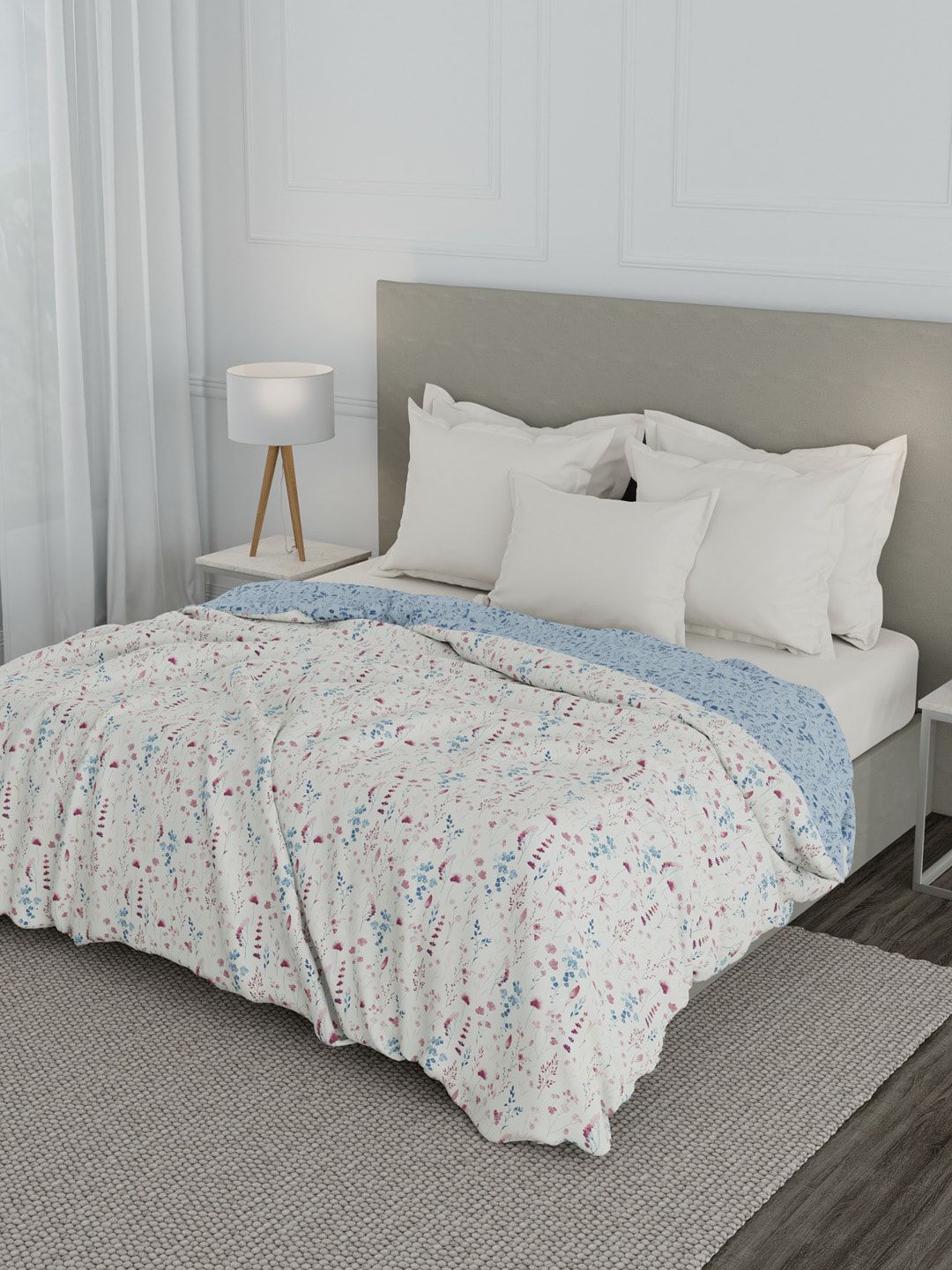 Trident White & Blue Floral Microfiber Mild Winter Double Bed Dohar Price in India
