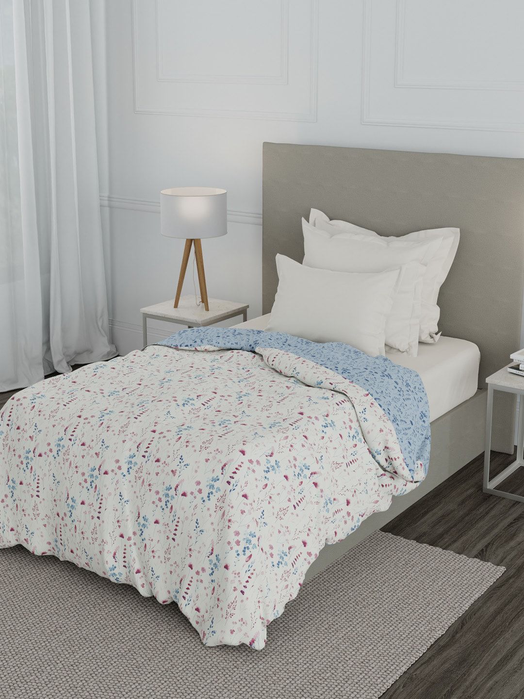 Trident White & Blue Floral Microfiber Mild Winter Single Bed Dohar Price in India