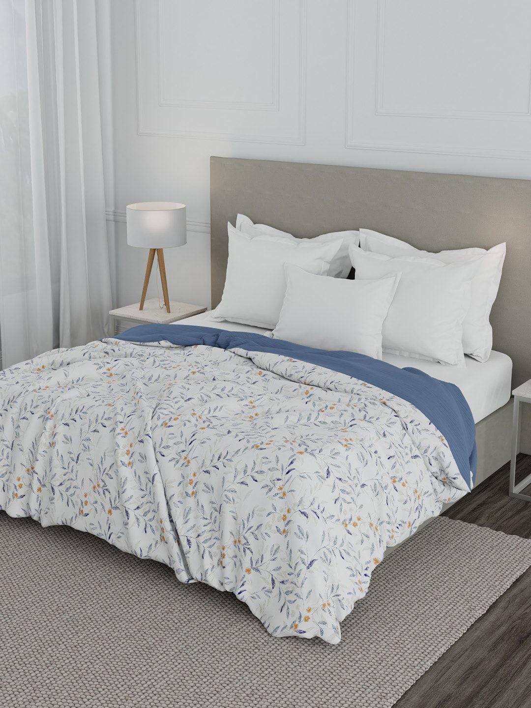Trident White & Blue Floral Microfiber Mild Winter Reversible Double Bed Dohar Price in India