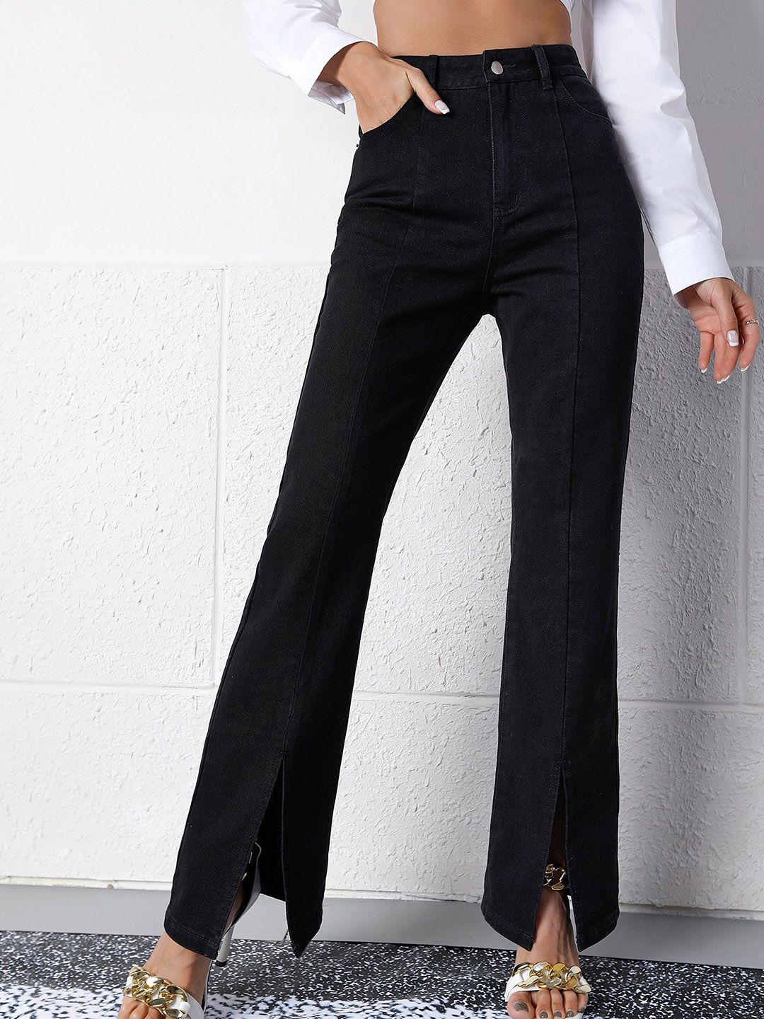 BoStreet Women Black Wide Leg Slits Jeans Price in India