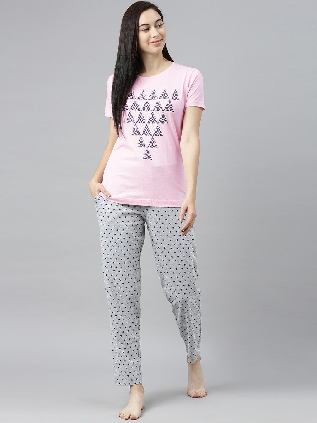 Enviously Young Women Pink & Grey Printed Pure Cotton Night suit Price in India