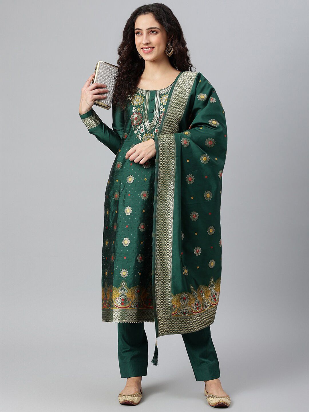 Lilots Green & Gold-Toned Unstitched Dress Material Price in India