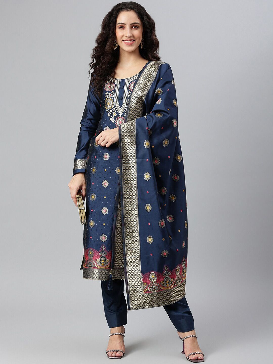 Lilots Blue & Pink  Banarasi Jacquard Unstitched Dress Material Price in India