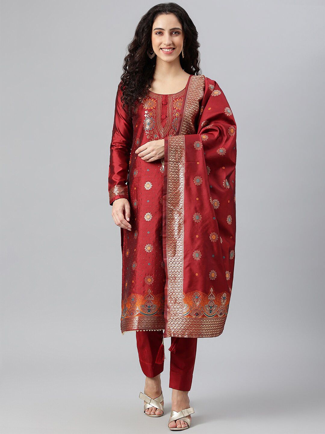 Lilots Maroon & Gold-Toned Unstitched Dress Material Price in India