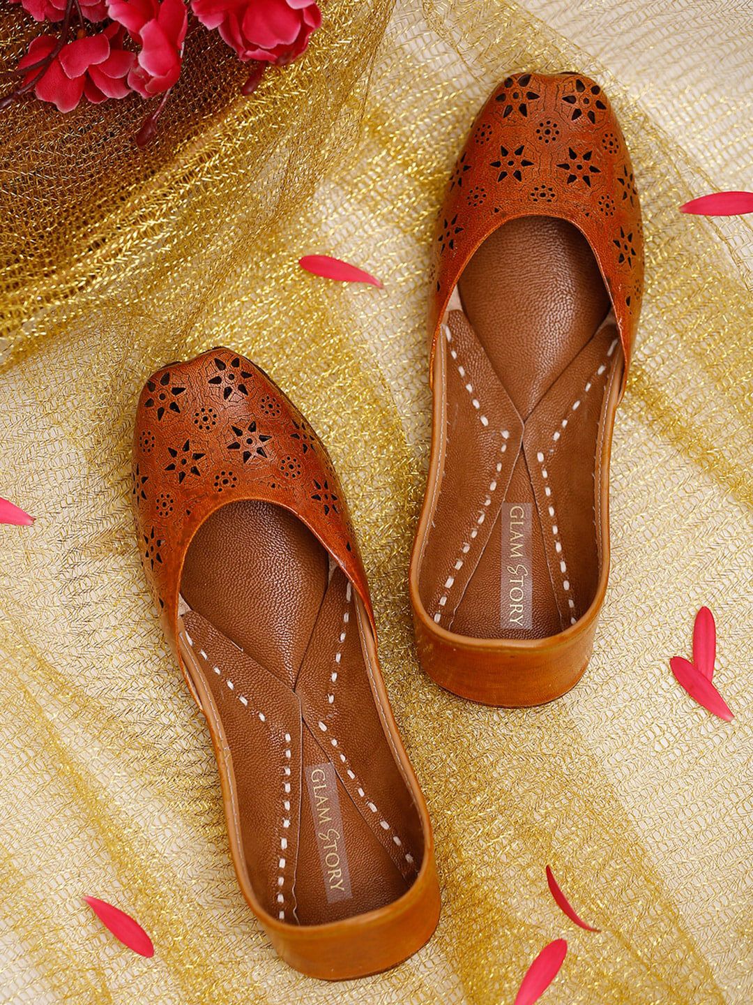 GLAM STORY Women Brown Embellished Laser Cuts Mojaris Flats Price in India