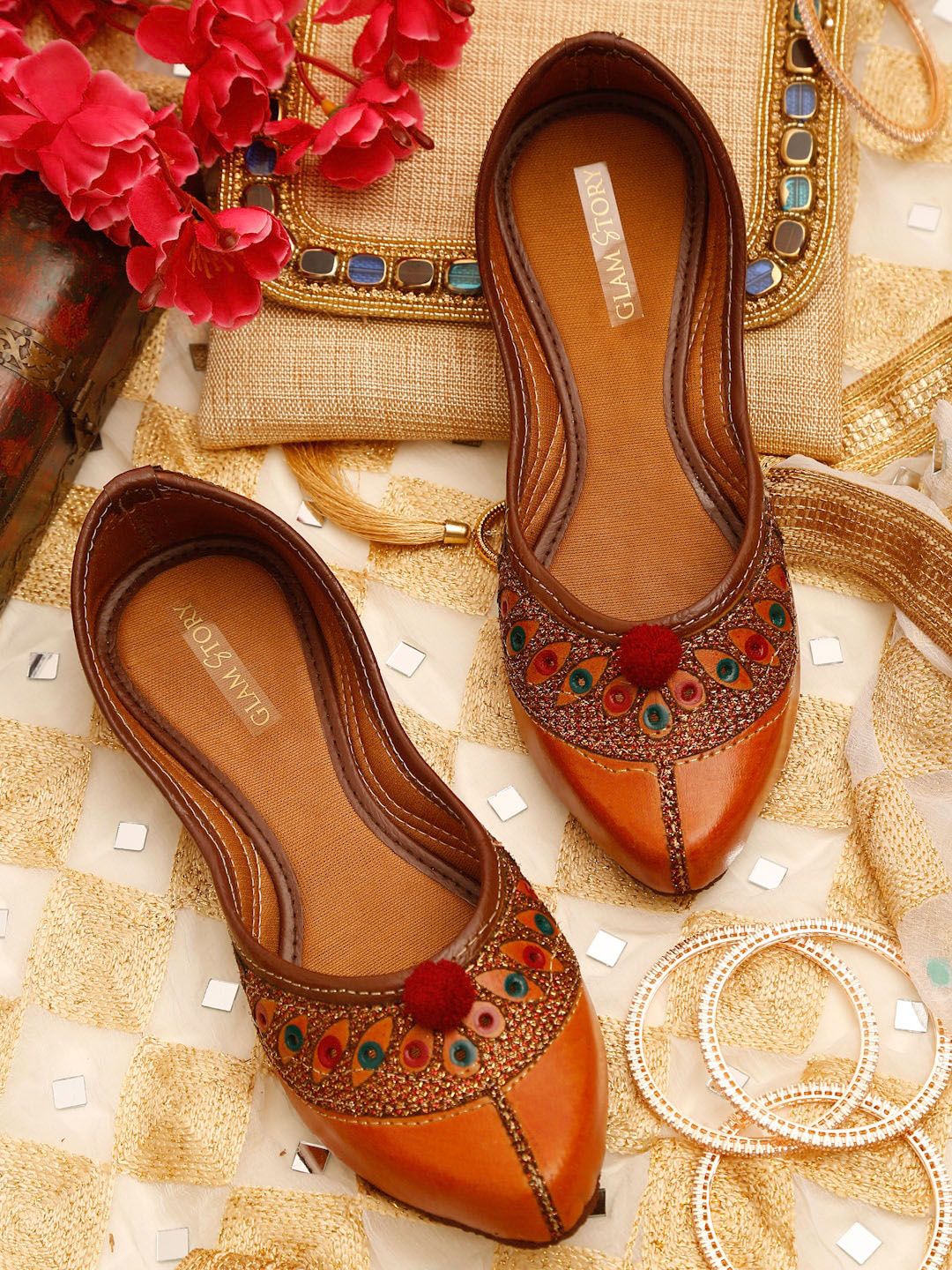 GLAM STORY Women Brown Embellished Leather Ethnic Mojaris Price in India