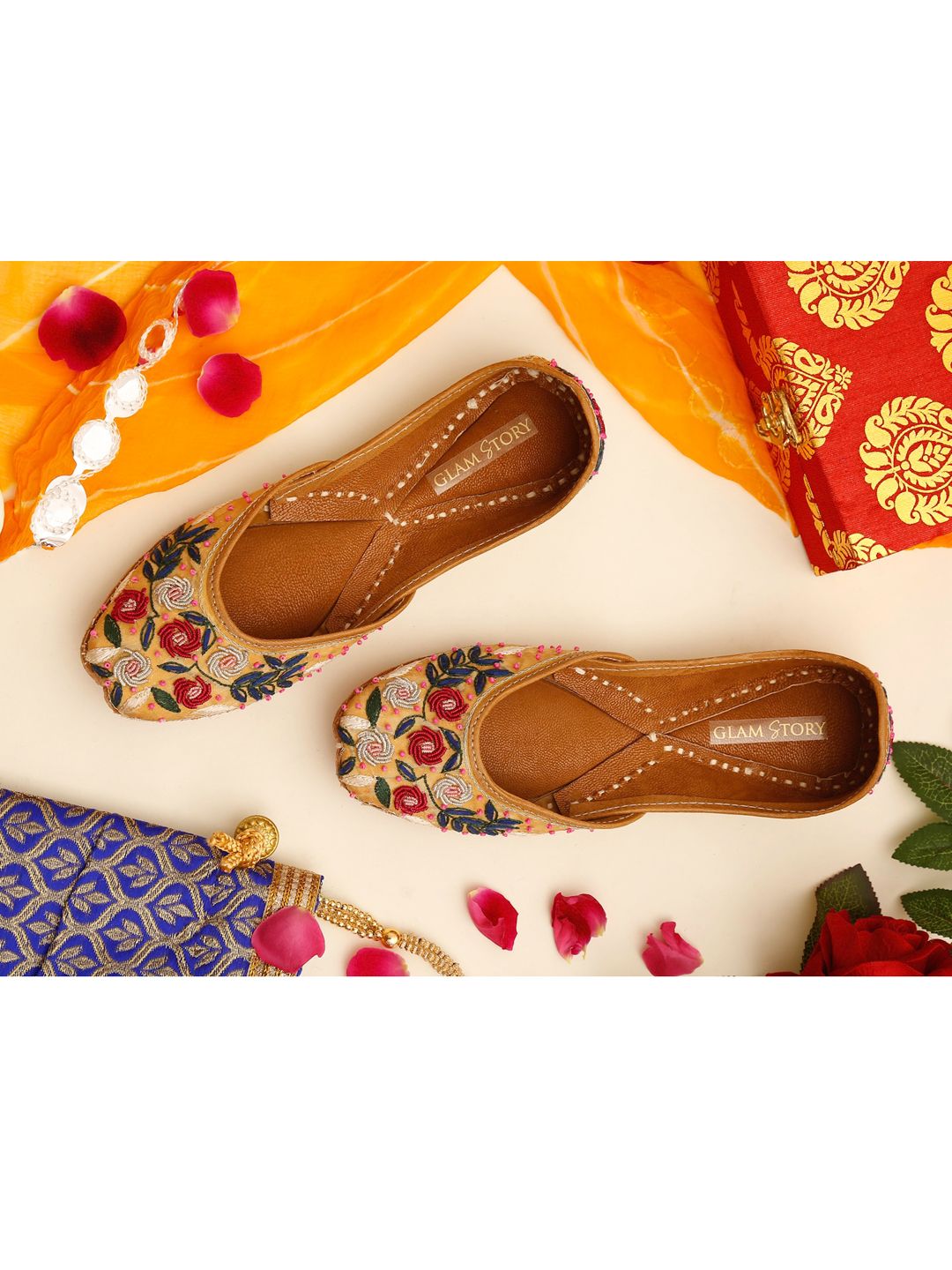 GLAM STORY Women Cream-Coloured Embellished Leather Ethnic Flats Price in India
