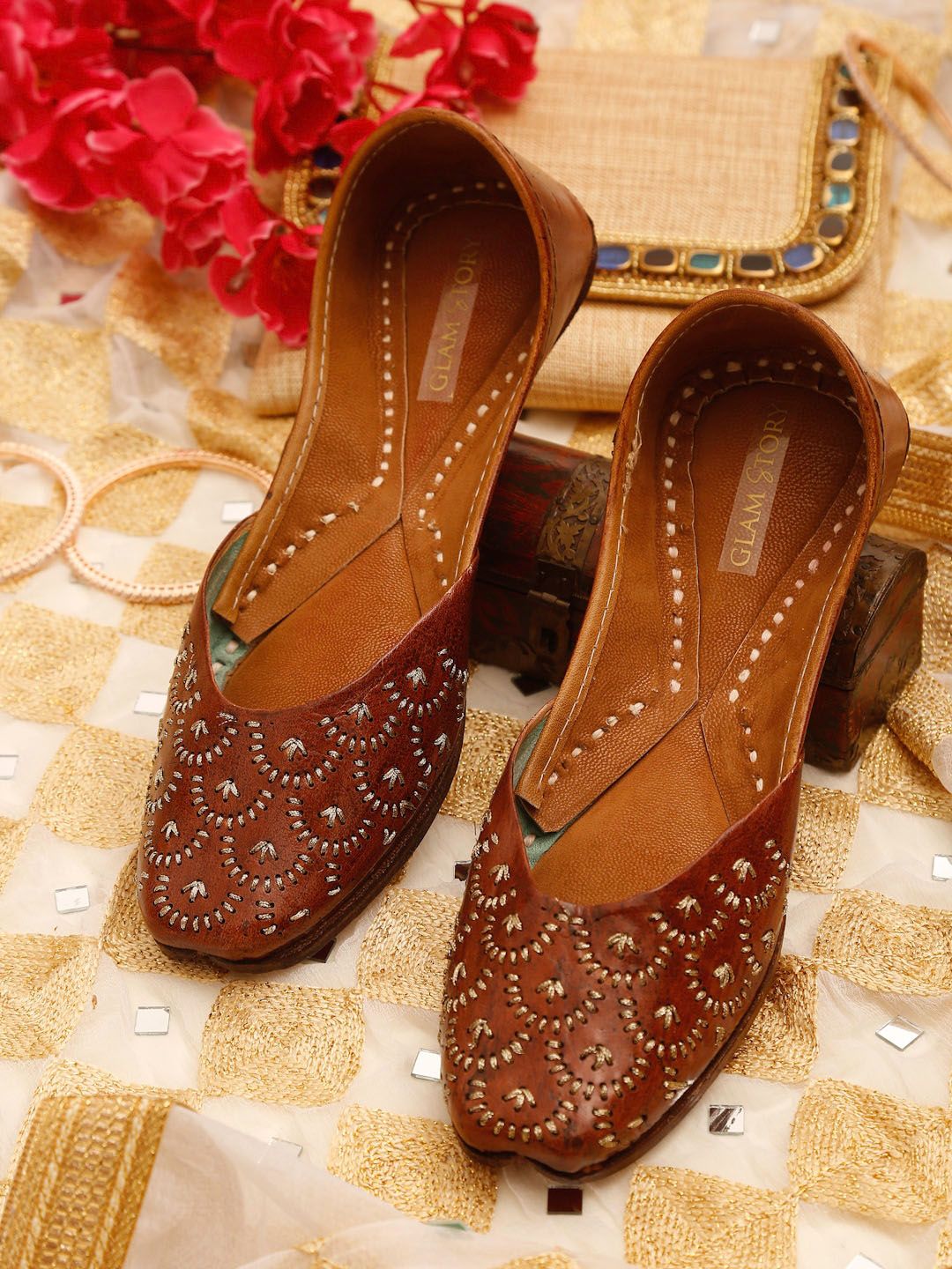 GLAM STORY Women Brown Embroidered Mojaris Flats Price in India